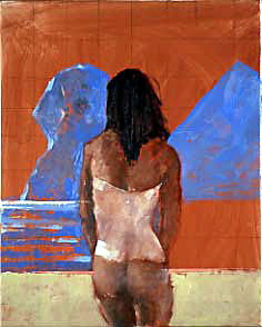 Woman in peach negligee facing Sphinx and Pyramid. Cairo